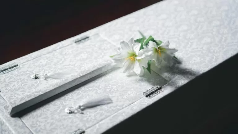 白い布張りの棺の上に白い花が一輪添えられた、静かな別れのイメージの写真